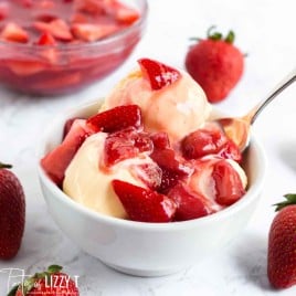 bowl of ice cream with homemade strawberry topping