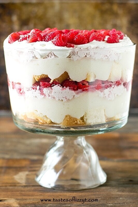 White Chocolate Raspberry Trifle Recipe - Layers of cake, white chocolate pudding and raspberry cream.