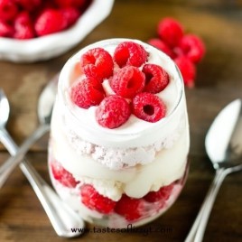white cake raspberry trifle in a cup