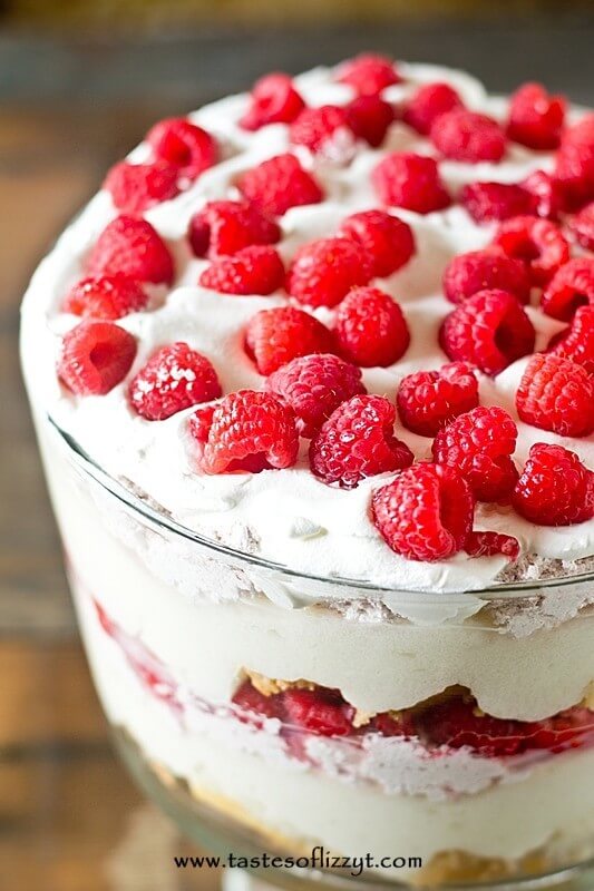 White Chocolate Raspberry Trifle Recipe  Layers of cake, white chocolate pudding and raspberry 