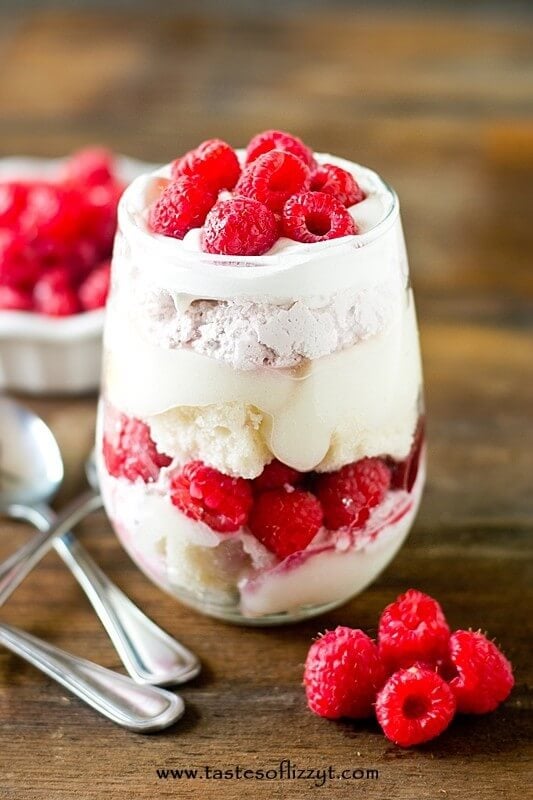White Chocolate Raspberry Trifle Recipe - Layers of cake, white chocolate pudding and raspberry cream.