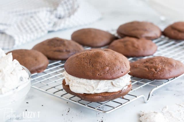 oreo whoopie pies on a wire rack