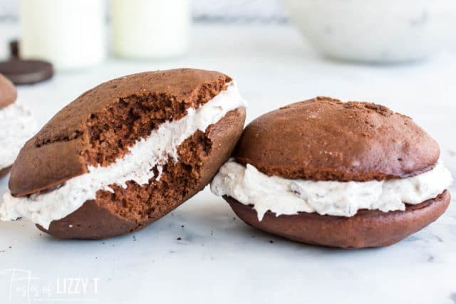 two whoopie pies, one with a bite out of it