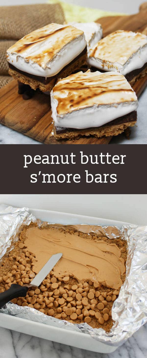 A graham cracker crust, sweet chocolate filling and crispy toasted marshmallow topping make up these Peanut Butter S'more Bars.