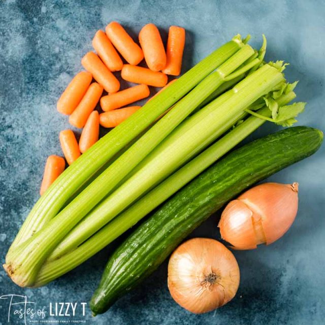celery, carrots, cucumber and onion