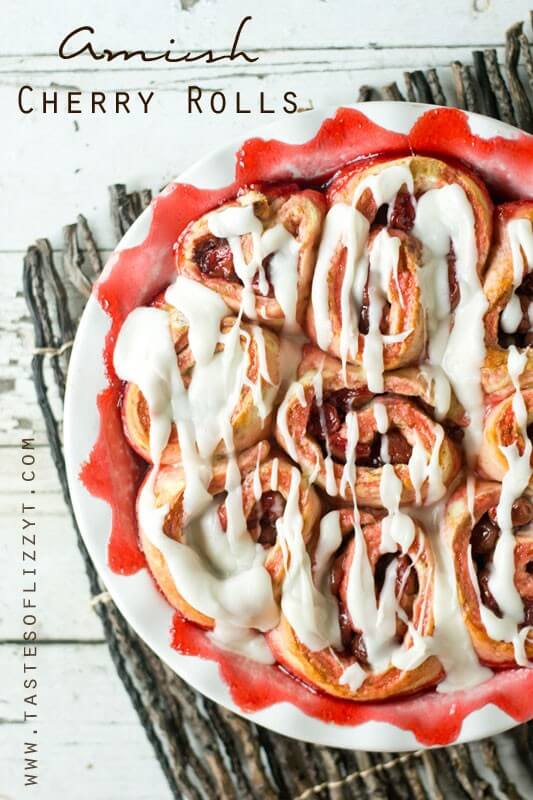 In under 1 hour, you'll be enjoying these classic Amish Cherry Rolls. Soft, sweet dough stuffed with tart cherries is topped with a light almond glaze.