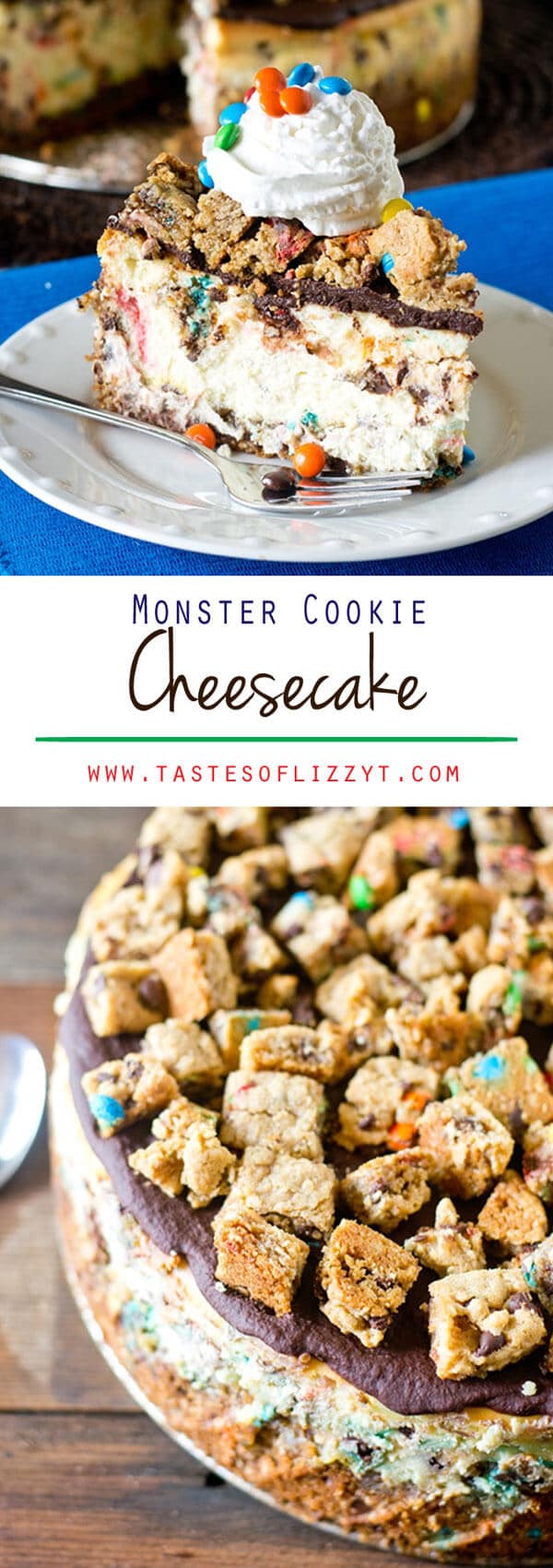 Your favorite cookie meets creamy cheesecake! This Monster Cookie Cheesecake will be a hit with cookie and cheesecake lovers alike. Monster Cookie Cheesecake Recipe { Homemade M&M Monster Cookies}