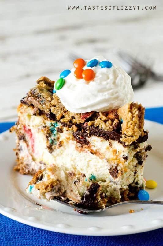 Your favorite cookie meets creamy cheesecake! This Monster Cookie Cheesecake will be a hit with cookie and cheesecake lovers alike. Cookie crust with M&M's swired throughout and a chocolate ganache topping.