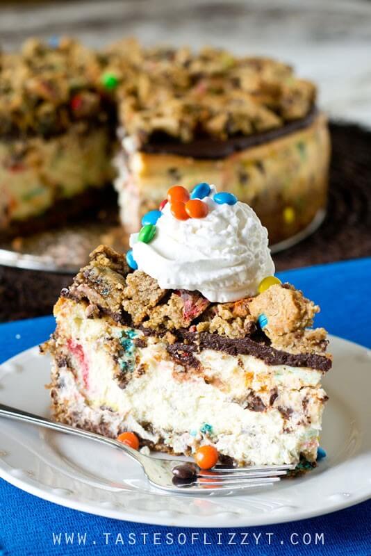 Your favorite cookie meets creamy cheesecake! This Monster Cookie Cheesecake will be a hit with cookie and cheesecake lovers alike. Cookie crust with M&M's swired throughout and a chocolate ganache topping.