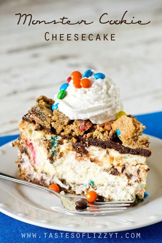 Your favorite cookie meets creamy cheesecake! This Monster Cookie Cheesecake will be a hit with cookie and cheesecake lovers alike. Cookie crust with M&M's swired throughout and a chocolate ganache topping.