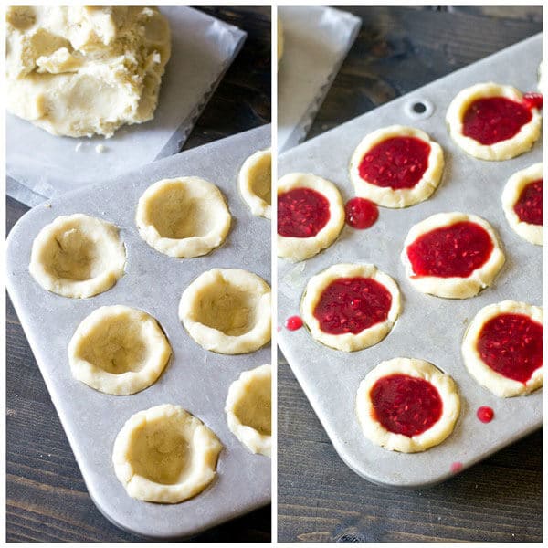 Raspberry Tart with Mascarpone Cream. Bite-size sweet treats with a homemade raspberry pie filling and light cream on top.