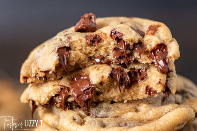 melty chocolate chip cookie broken in half