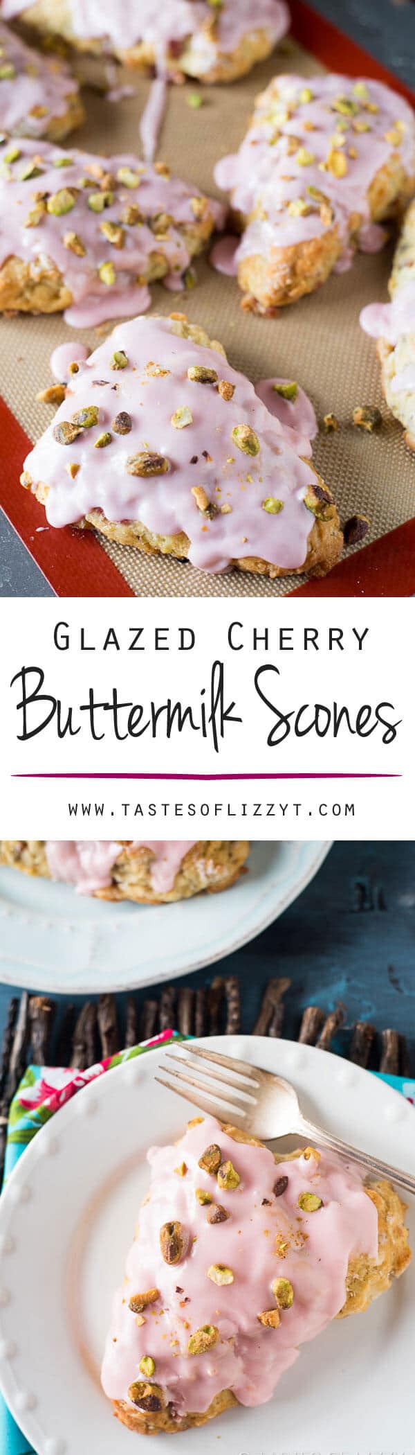 Learn how to make light, buttery, buttermilk scones. These glazed cherry buttermilk scones are topped with salty pistachio nuts. Perfect for breakfast! Glazed Cherry Buttermilk Scones {Hints for the Best Scone Recipe}