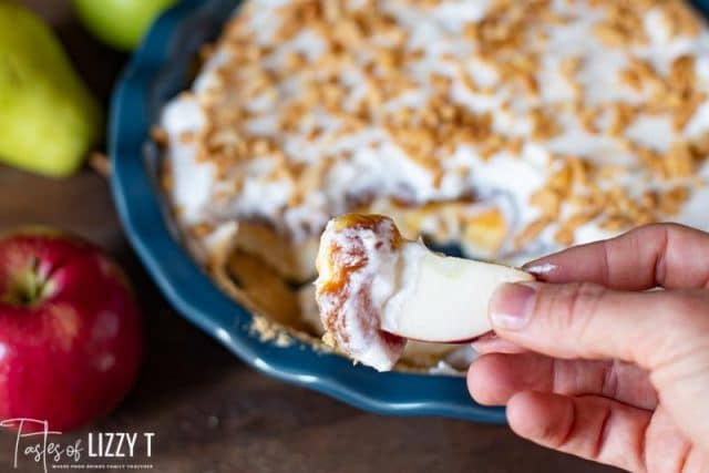 caramel apple dip on an apple slice