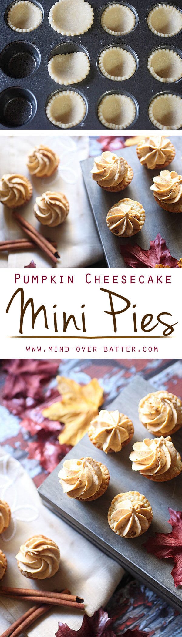 A flaky, buttery pie dough is piled high with a pillow soft pumpkin cream cheese filling. These Pumpkin Cheesecake Mini Pies are packed with pumpkin spice! Pumpkin Cheesecake Mini Pies {Easy Pumpkin Spice Dessert Recipe}