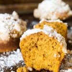 This pumpkin spice muffin is lightly spiced, soft and moist. The streusel and powdered sugar on top adds a hint of sweetness to each bite.