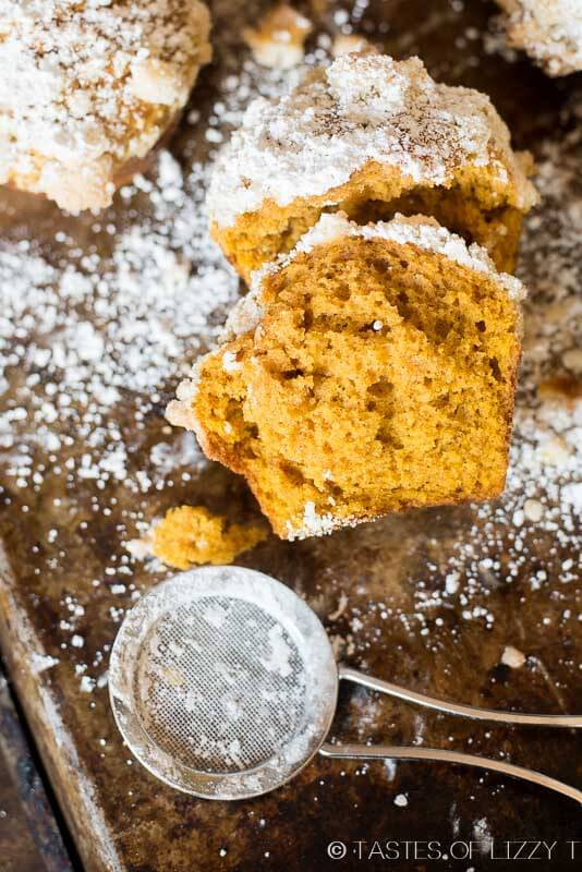 This pumpkin spice muffin is lightly spiced, soft and moist. The streusel and powdered sugar on top adds a hint of sweetness to each bite.