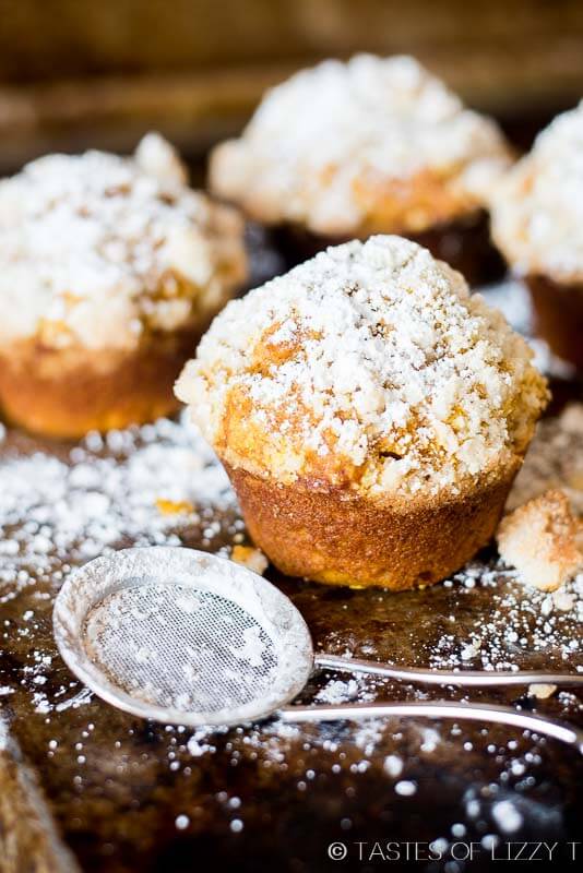 This pumpkin spice muffin is lightly spiced, soft and moist. The streusel and powdered sugar on top adds a hint of sweetness to each bite.