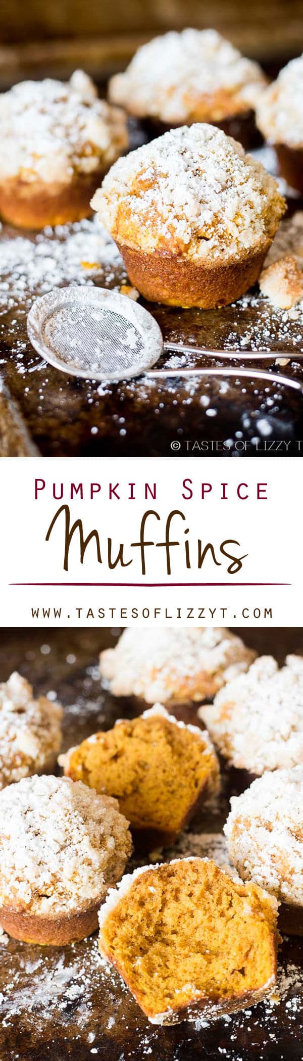 This pumpkin spice muffin is lightly spiced, soft and moist. The streusel and powdered sugar on top adds a hint of sweetness to each bite.