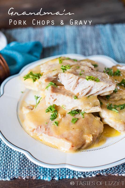 Grandma's pork chops are cooked to fork-tender perfection. Smothered with a simple gravy, these slow cooker pork chops are one of my grandma's best recipes. titled photo (and shown): Grandma's Pork Chops and Gravy