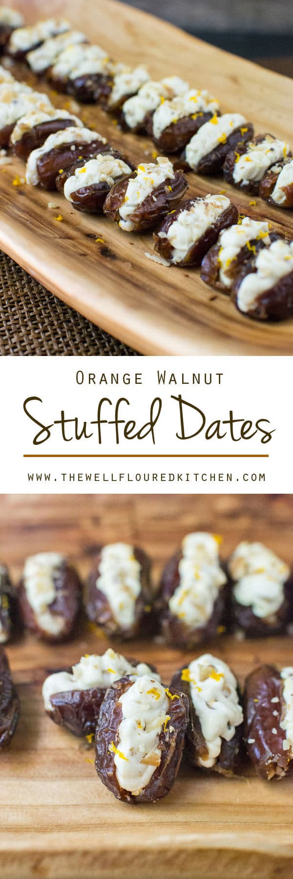 Dates stuffed with a lightly sweetened orange and honey cream cheese. Crunchy toasted walnuts make the perfect topping for this easy snack!