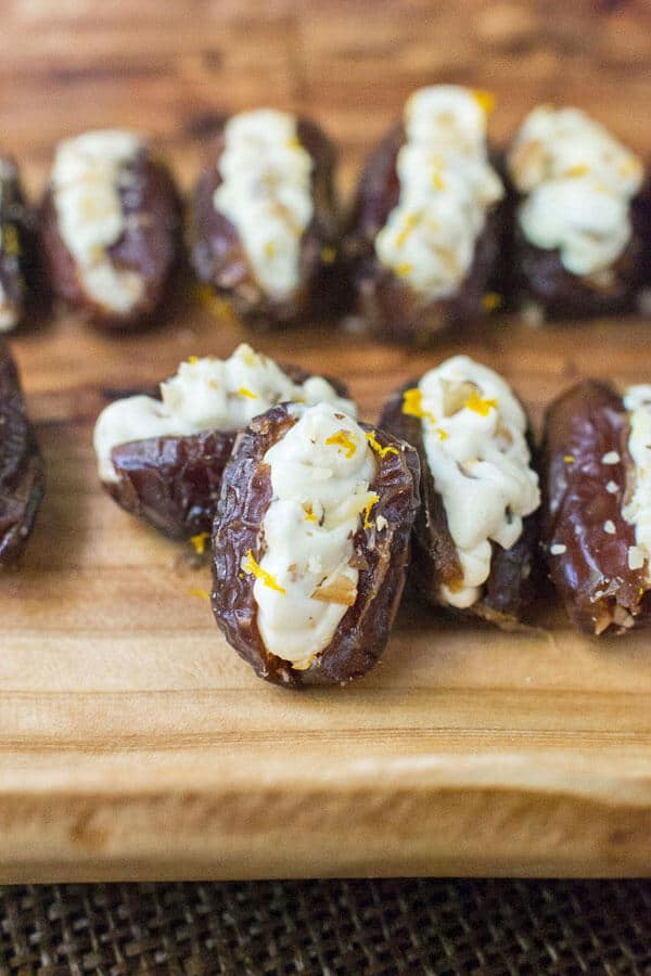 Dates stuffed with a lightly sweetened orange and honey cream cheese. Crunchy toasted walnuts Dates stuffed with a lightly sweetened orange and honey cream cheese. Crunchy toasted walnuts