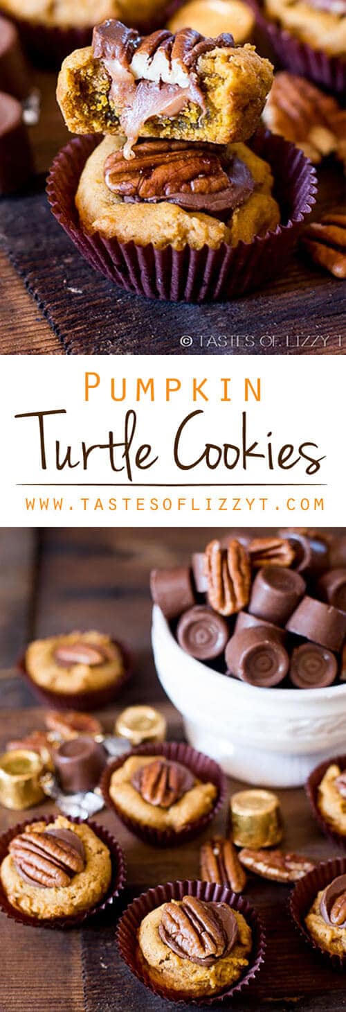Your favorite chocolate candy dressed up into a pumpkin cookie for the holidays. Pumpkin Turtle Cookies are soft and gooey with a nutty pecan crunch. Pumpkin Turtle Cookies with Rolo Candies and Pecans