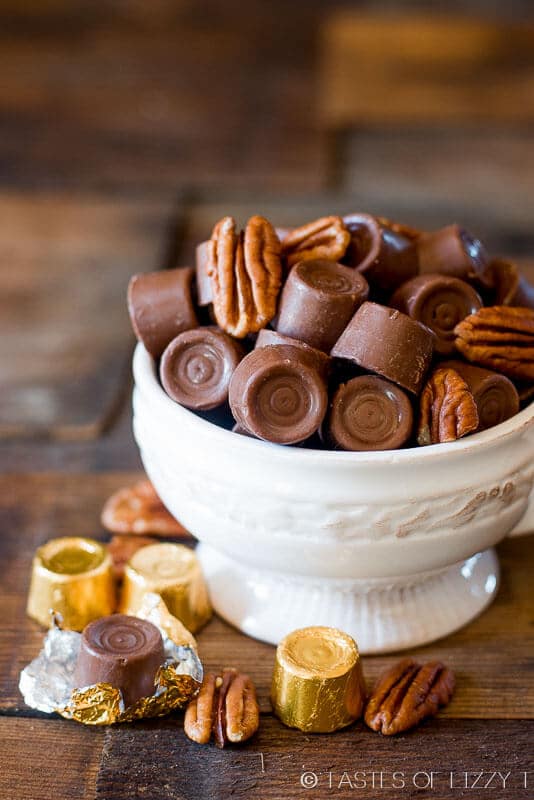 candy dish filled with Rolo candies 