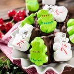 Chocolate Peanut Butter Marshmallow Bars are a fun treat for kids to make and eat. They'll love the class, sweet and salty flavor combination! Uses PEEPS® Marshmallow Snowmen and Marshmallow Trees #Peepsonality @PeepsBrand