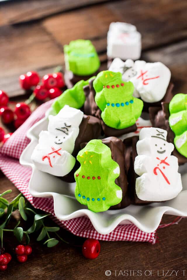 Cute, festive, Chocolate Peanut Butter Marshmallow Sandwiches are a fun treat for kids to make and eat. They'll love the class, sweet and salty flavor combination! Uses PEEPS® Marshmallow Snowmen and Marshmallow Trees #Peepsonality @PeepsBrand