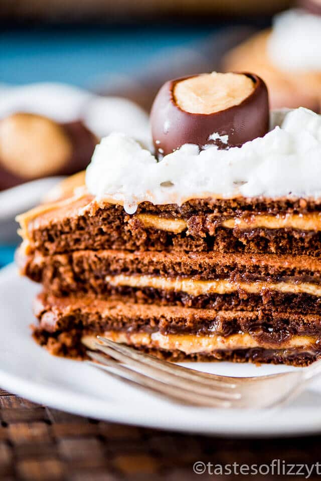 Chocolate Peanut Butter Pancakes {Buckeye Pancakes} Peanut butter buckeye candy filling is cooked inside these fluffy chocolate pancakes. Drizzle with peanut butter and top with whipped cream and a buckeye candy. A perfect Ohio State party recipe!