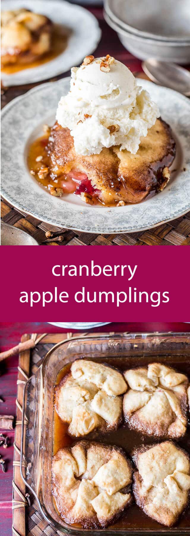 Whole cranberry sauce gives traditional apple dumplings a holiday tanginess. Serve these Amish Cranberry Apple Dumplings with a scoop of vanilla ice cream on top! A simple dough is wrapped around apple slices and cranberry sauce, then baked in a brown sugar syrup.