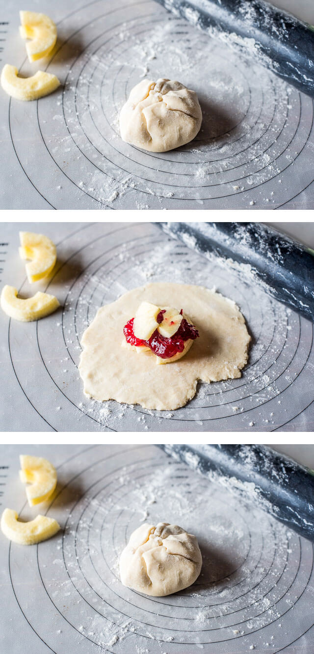 photo collage showing how to make cranberry apple dumplings