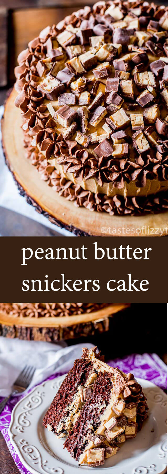 Chocolate cake layered with peanut butter frosting and chopped peanut butter Snickers bars make this Snickers cake a must for all chocolate peanut butter lovers.