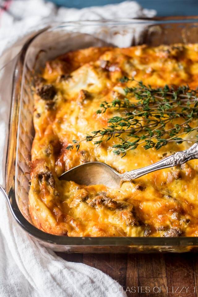 Start your day with a high protein breakfast. Sourdough bread and sharp cheddar cheese give this traditional egg breakfast casserole a slight tang that your tastebuds will love. It's a make-ahead casserole that is great for company. Made in a 9x13 casserole dish.