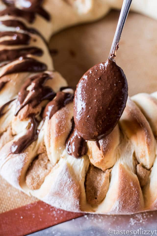 A sweet peanut butter filling stuffs this soft, braided coffee cake. Top with a chocolate glaze for a decadent breakfast treat!