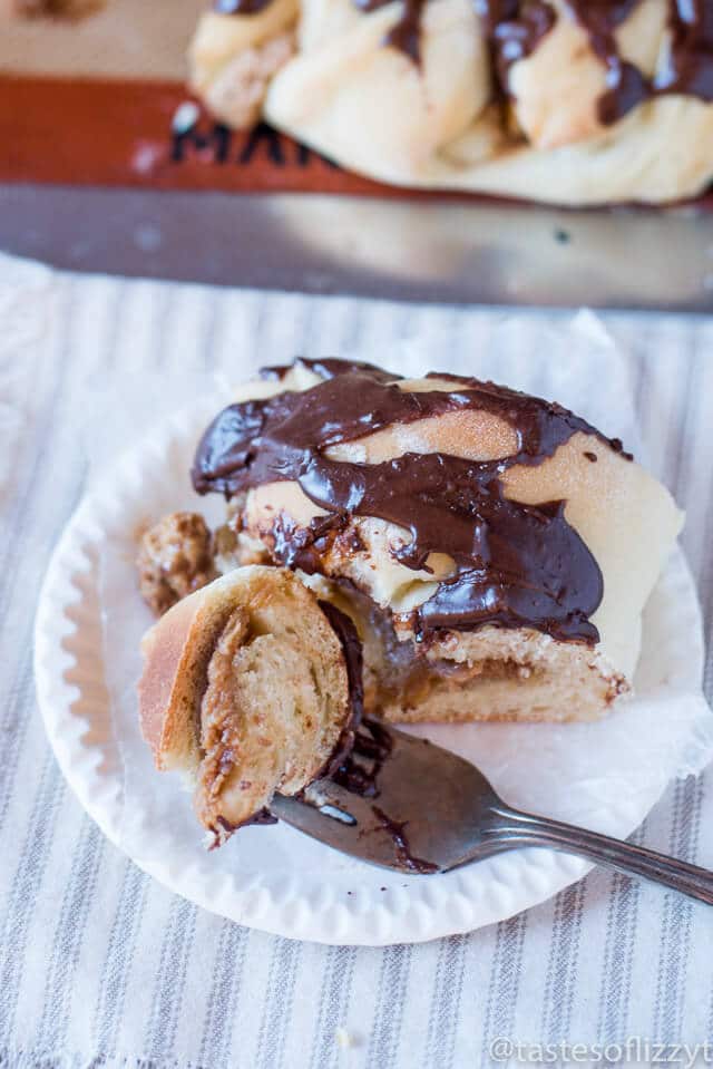 A sweet peanut butter filling stuffs this soft, braided coffee cake. Top with a chocolate glaze for a decadent breakfast treat!