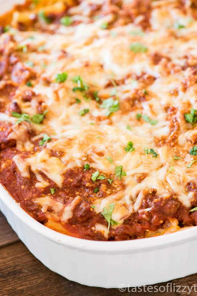 This easy baked ziti recipe is a layered Italian casserole full of noodles, ground beef and creamy cheese. It makes a large casserole and is great for leftovers!