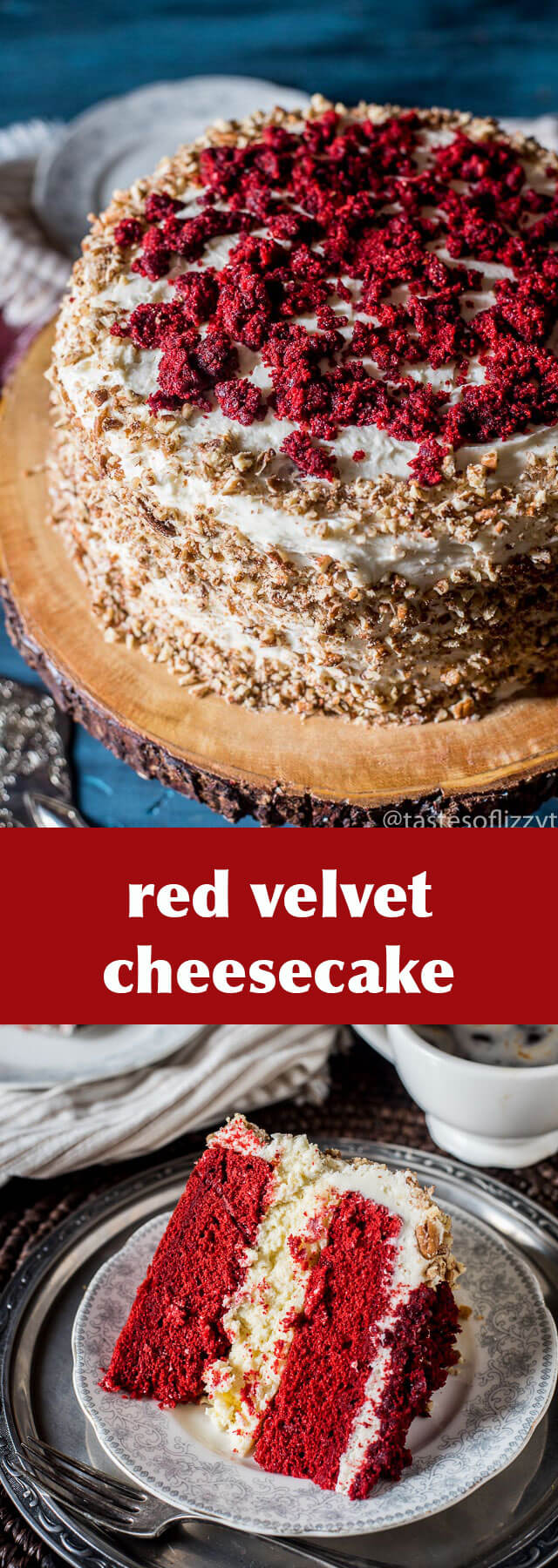 red velvet cheesecake / red velvet cake / cream cheese frosting / valentine's day / dessert recipe / 3 layer cake / cheesecake / recipe
