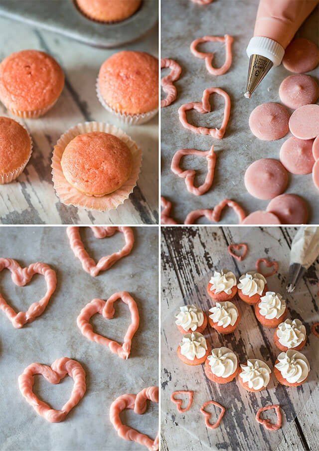 Serve your loved ones this easy-to-decorate strawberry valentine cake. Vanilla buttercream frosted strawberry cake with mini cupcakes, pink candy hearts and sprinkles.