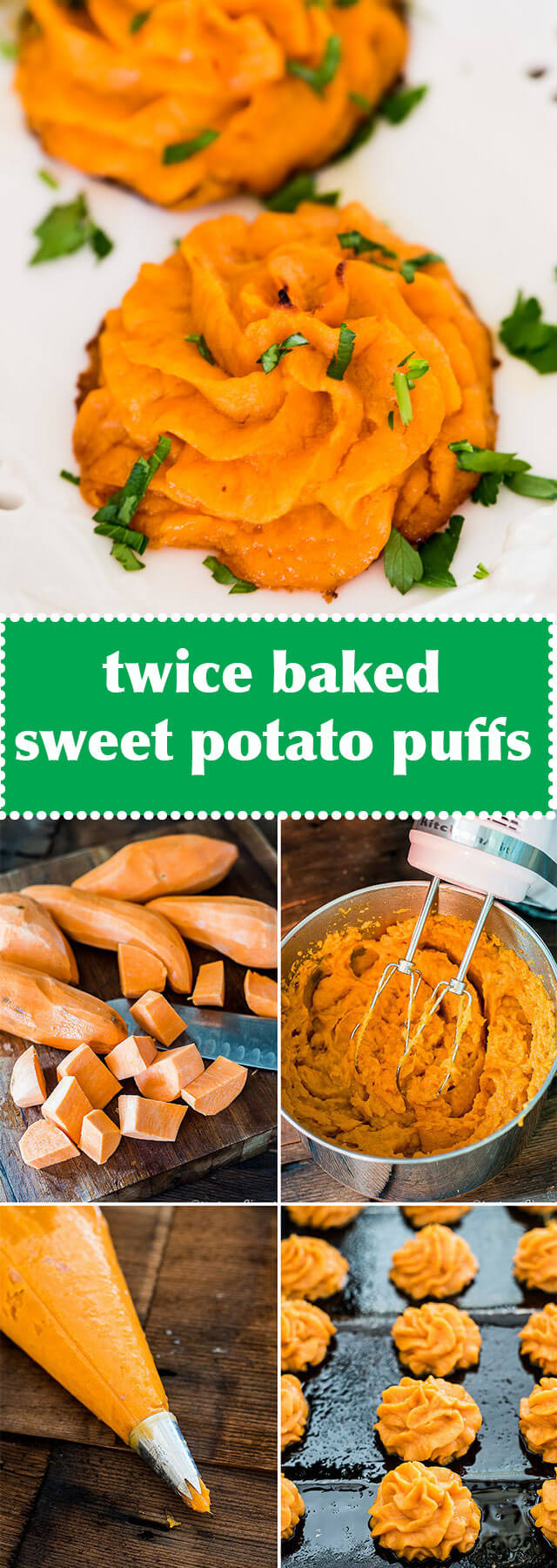 Savory mashed sweet potato puffs make an elegant, healthy side dish for