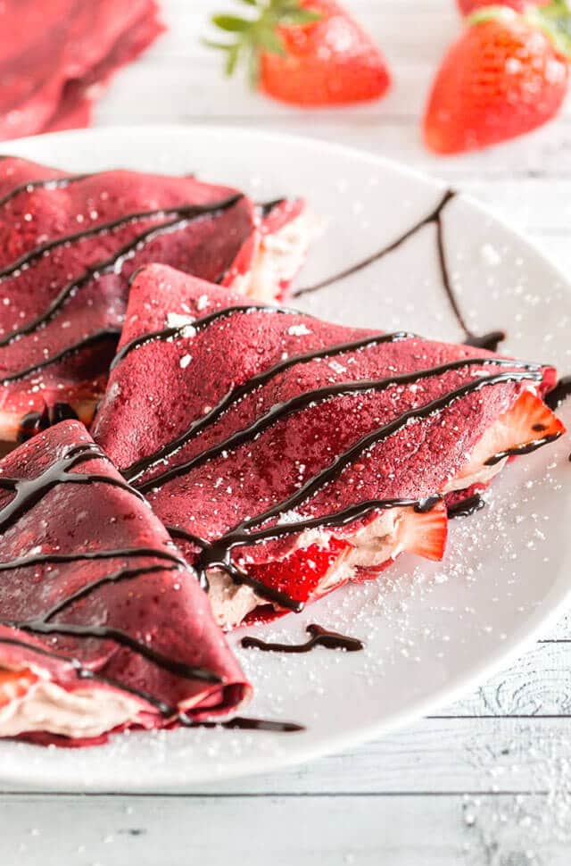 Red Velvet Crepes with Chocolate Whipped Cream - Valentines Day Breakfast Ideas
