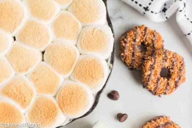 samoa s'mores dip in a skillet