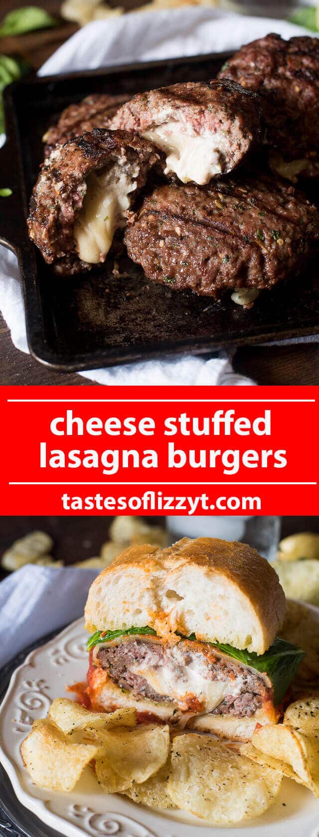 Two classic dinners come together in one delicious sandwich! Provolone and ricotta cheese stuff this Italian-style grilled lasagna burger. summer grilling recipes / hamburger recipes / cheese stuffed hamburgers