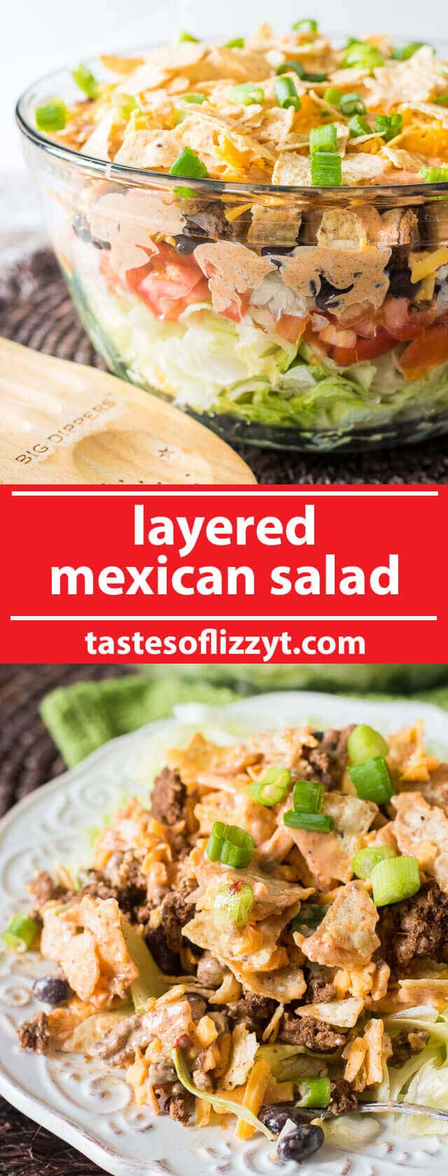 A simple Mexican salad with layers of veggies, seasoned ground beef, cheese, crunchy tortilla chips and a special 3-ingredient sauce. easy salad recipe / mexican salad / mexican salad dressing / easy summer dinner recipes