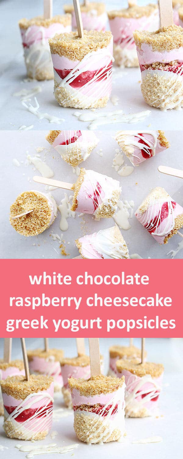 Who says popsicles are for kids? These cheesecake flavored, greek yogurt popsicles are full of raspberries, graham cracker crumble and drizzled with white chocolate. Recipe by @kristiepryor