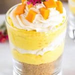 Creamy mango cheesecake, freshly whipped cream and topped with fresh mangoes, what's not to love? The perfect no bake summer dessert.