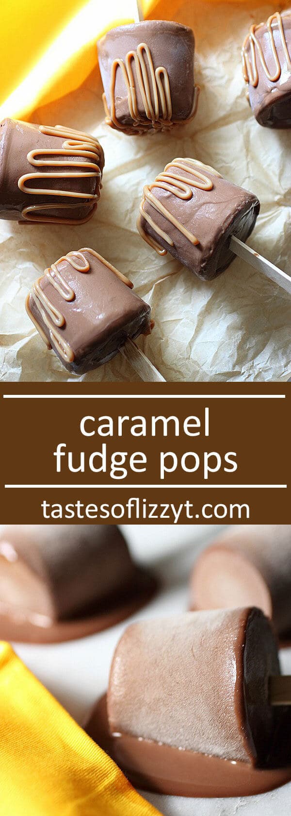These deliciously fudgy ice cream pops are enrobed in a milk chocolate magic shell, and drizzled with caramel. The classic fudge pop has gotten just gotten a cool makeover. homemade popsicles / homemade pudding pops