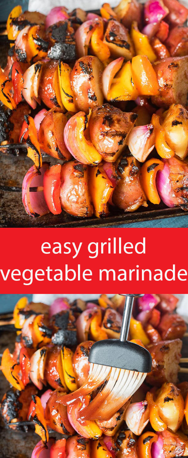 Just two ingredients make up the sauce in this easy grilled vegetable marinade. Add potatoes, peppers, onions and zucchini. Add all your favorite veggies!