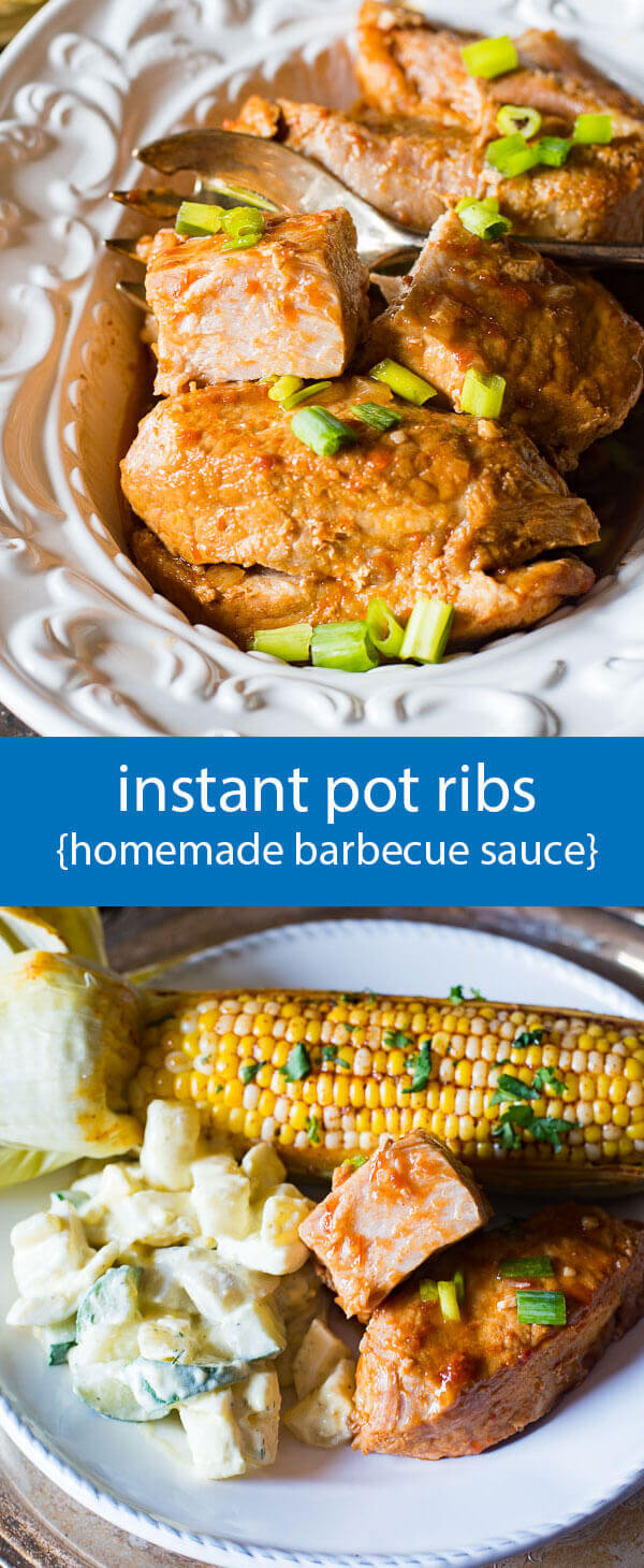 Instant Pot Ribs...have fork-tender barbecue pork ribs with homemade sauce on the table in under 1 hour with your pressure cooker. Makes a large amount which means it is great for company or for leftovers.